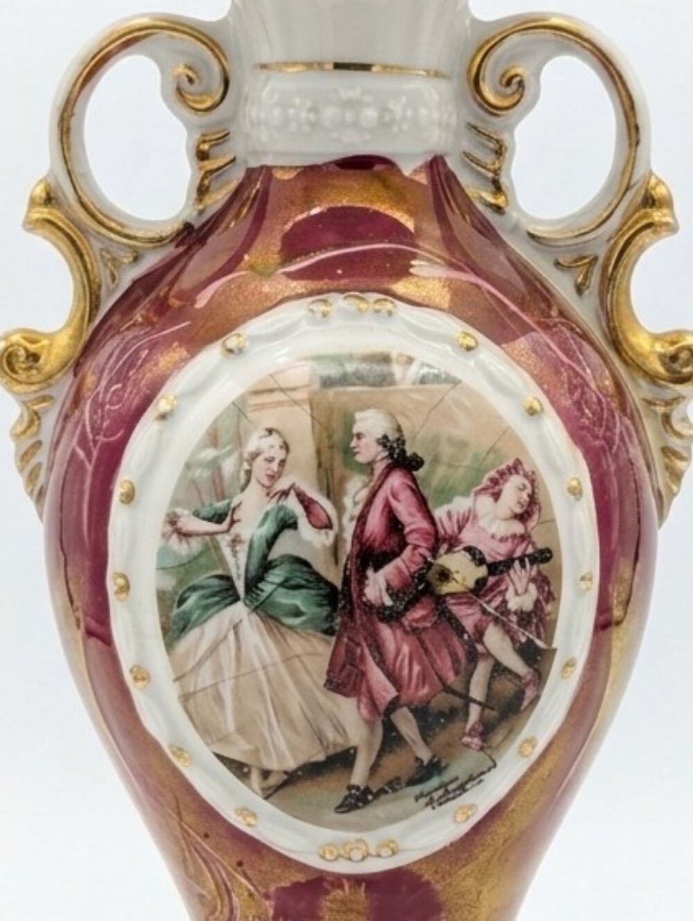 Mid-century Rococo Style Burgundy & Gold Porcelain Figural Urn Table Lamp - Picture 3 of 16